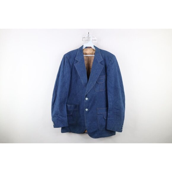 Vintage 70s Streetwear Mens 42R Faded 2 Button Denim Jean Blazer Suit Jacket USA